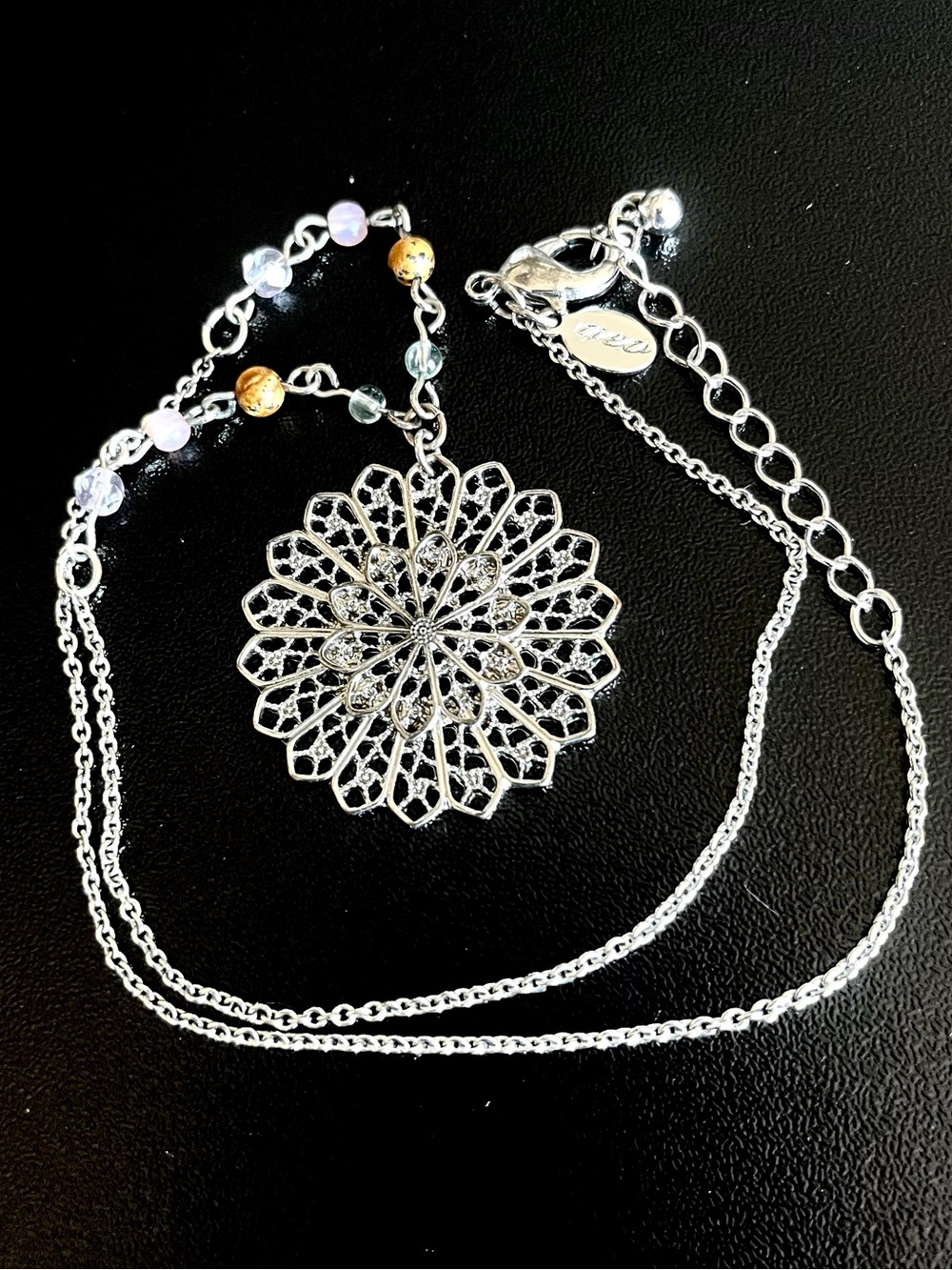 American Eagle Outfitters Silver Filigree Pendant Necklace Iridescent Beads